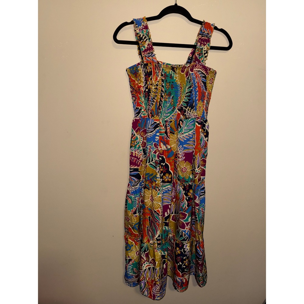 Women Boho Multi Color Floral Paisley Smock Tiered Midi Dress L Resort Festival